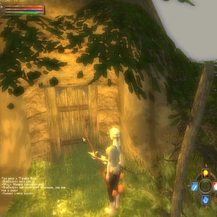 Heroes' Fate by day: an archer player stands before a wooden gate in a sunlit forest, golden light filtering through the trees.