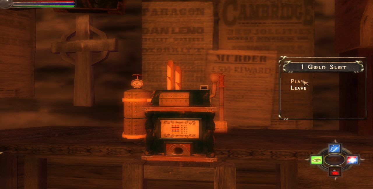 Gaslit interior in Heroes' Fate: a brass coin-operated machine labelled '1 Gold Slot' stands among wooden walls papered with wanted posters and playbills — PARAGON, CAMBRIDGE, a MURDER reward.