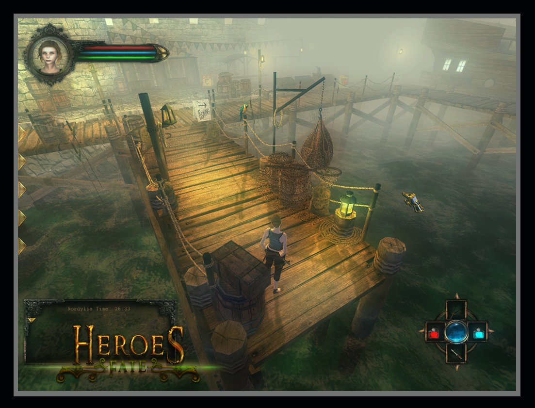 Heroes' Fate: a player crosses a rickety wooden pier over fog-bound water toward a glowing quest marker, the game's Heroes' Fate logo and a portrait-and-health HUD on screen.