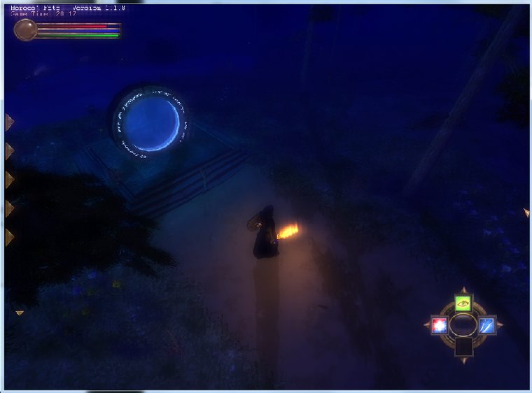 Heroes' Fate at night: a torch-bearing hooded player approaches a glowing blue circular arcane portal set on a stone dais in a dark forest clearing.