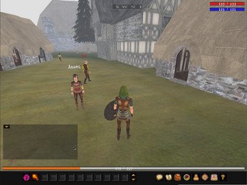 In-game street scene in Myth Online: a hooded player character with a round shield faces an NPC named Adamu and other townsfolk among timber-framed buildings, with the game's HUD, hotbar and minimap on screen.