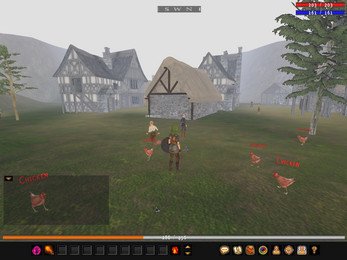 In-game village in Myth Online seen through morning fog: a player and an NPC stand among thatched cottages while a flock of chickens roams the grass nearby.