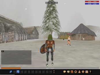 In-game snow-covered village in Myth Online: a shield-bearing player on a white field faces an approaching enemy, with a tall snow-laden pine and huts in the background.