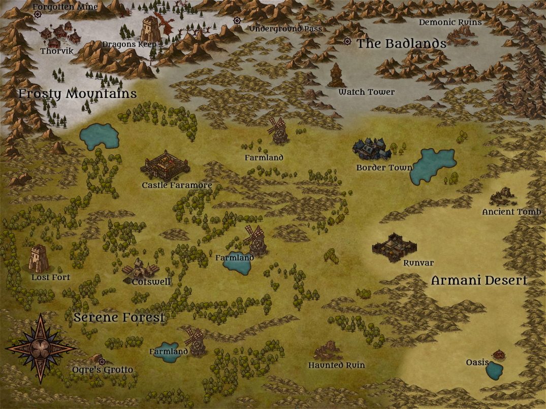 Hand-drawn overworld map of Myth Online — Frosty Mountains and The Badlands to the north, Castle Faramore and Border Town across the central farmlands, the Armani Desert to the east, and the Serene Forest south, dotted with named locations like Dragons Reach, Lost Fort, Ogre's Grotto and the Oasis.